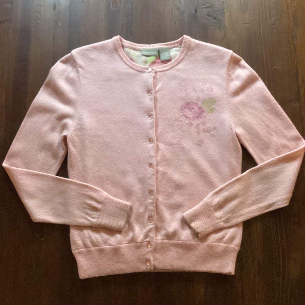 Fieldgear Silk Lined Cardigan Tussah Silk Blend Pink Floral Rhinestone Size S